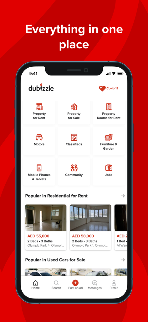 dubizzle - Écran d'accueil de l'application Dubizzle affichant les catégories du marché pour l'immobilier, les véhicules et les emplois aux Émirats arabes unis.