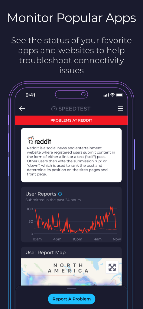 Speedtest app interface showing Reddit status and user report graph for troubleshooting.