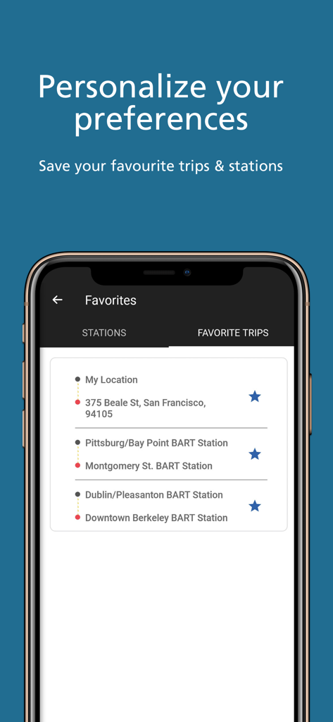 BART (Official) - BART app Favorites screen displaying saved transit routes for commuters