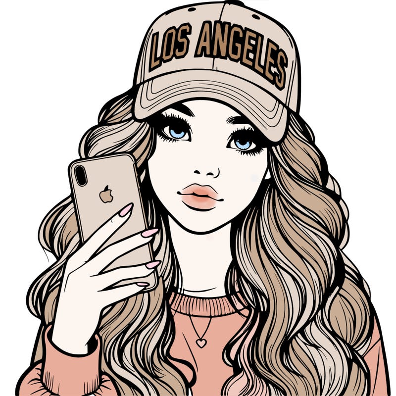 realistic beautiful girl wearing los ángeles cap holding an iphone