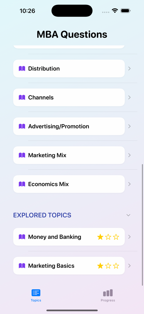 MBA Question Bank - Uno schermo mobile che mostra vari argomenti di studio MBA come Marketing Mix ed Economia.