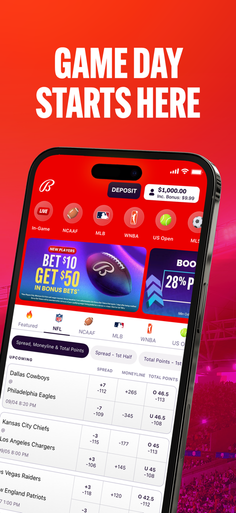 Bally Bet Sportsbook & Casino - Interfaz de la aplicación Bally Bet Sportsbook que muestra líneas de apuestas de la NFL y una oferta promocional para nuevos jugadores.