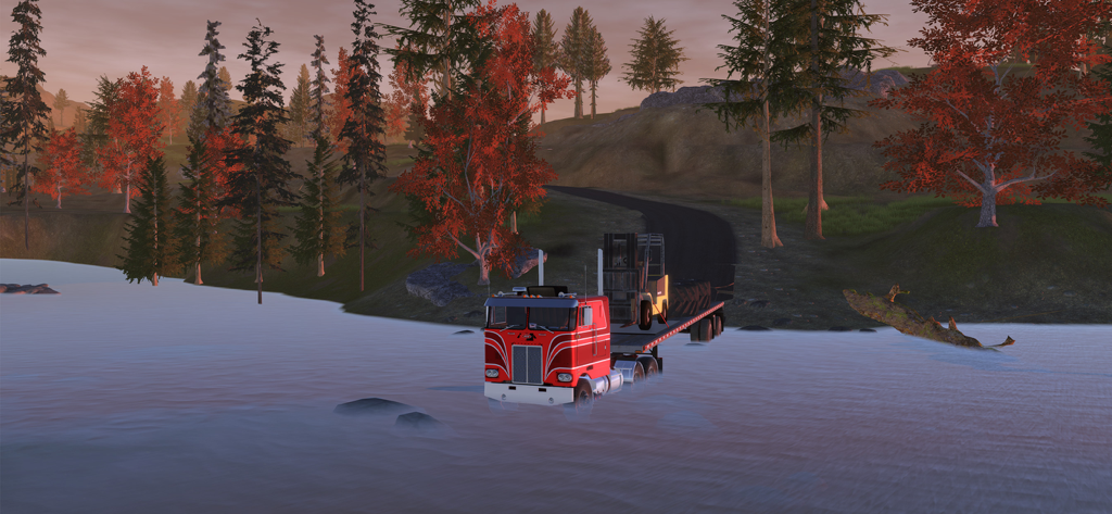 A red semi truck carrying a forklift on a trailer through a shallow river in a forest landscape