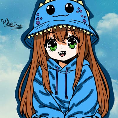 girl with anime shaped eyes with a dinosaur bucket hat oversized sweatshirt long straight hair