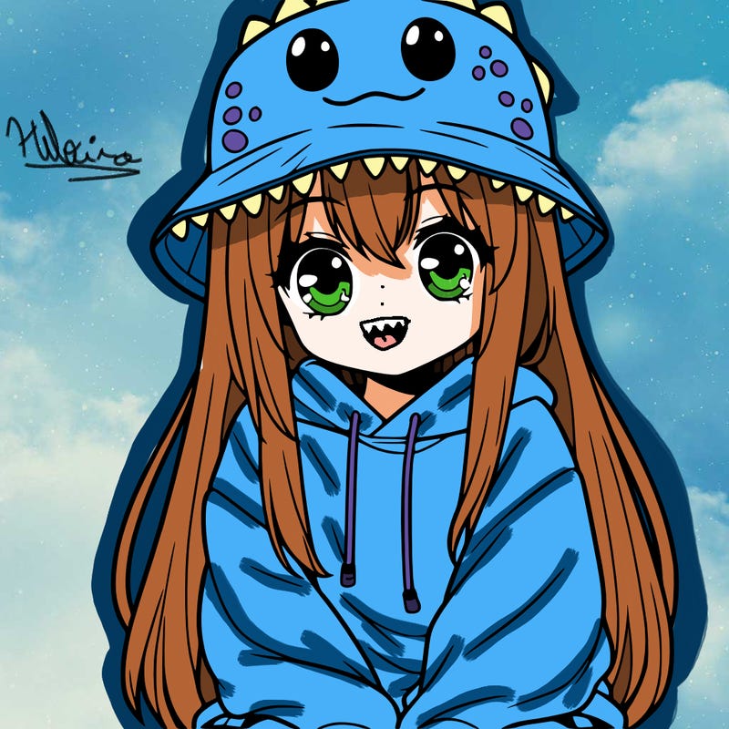 girl with anime shaped eyes with a dinosaur bucket hat oversized sweatshirt long straight hair