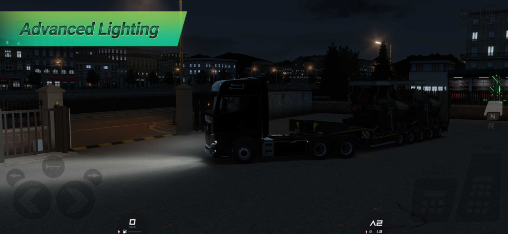 Truckers of Europe 3 - Captura de tela do jogo mostrando um caminhão preto à noite com efeitos de iluminação avançados em um ambiente de cidade