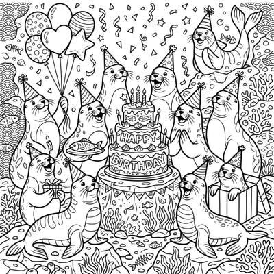 Gather your brightest colors for a truly unique celebration! This delightful coloring page features a lively sea lion colony throwing an unforgettable birthday bash.