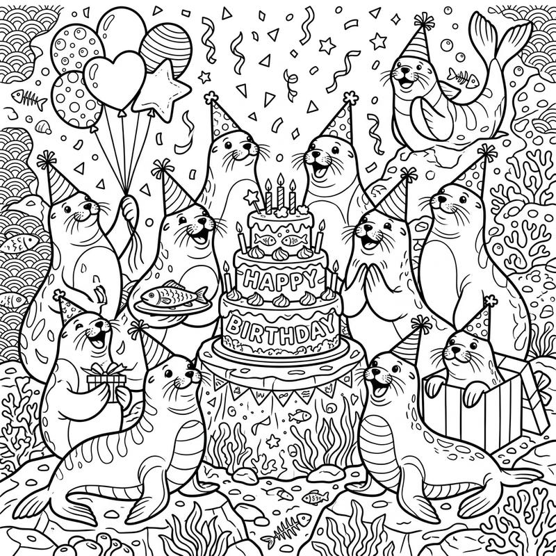 Gather your brightest colors for a truly unique celebration! This delightful coloring page features a lively sea lion colony throwing an unforgettable birthday bash.