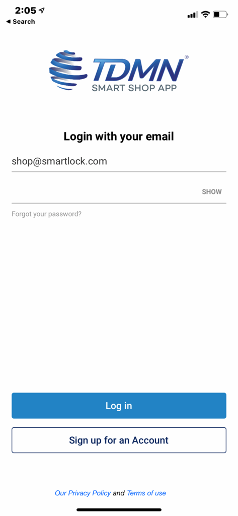 sMart Shop App - Login screen for the sMart Shop App featuring email and password input fields with log in and sign up buttons