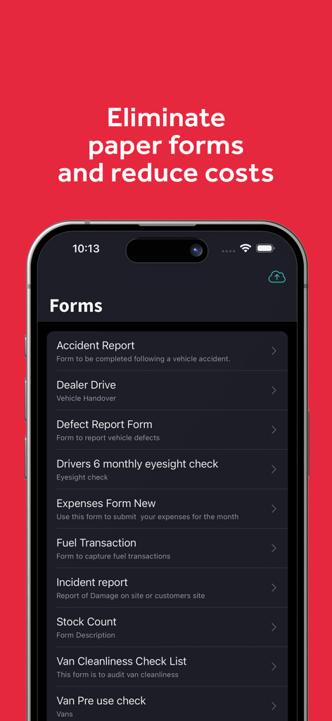 FleetWave Driver - FleetWave Driver mobile app screen displaying a list of digital forms including accident and defect reports for fleet management.