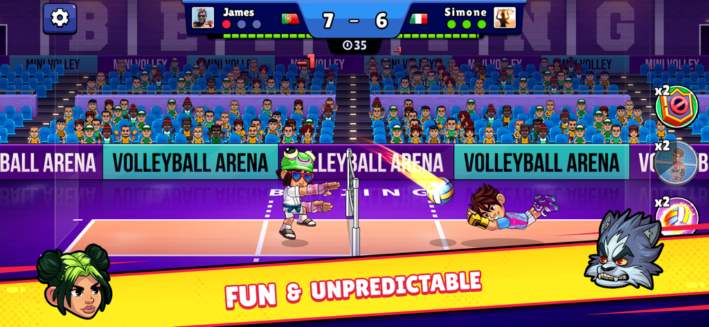 Volleyball Arena: Spike Hard - A 1v1 match in Volleyball Arena showing a character diving for the ball in a Beijing court.