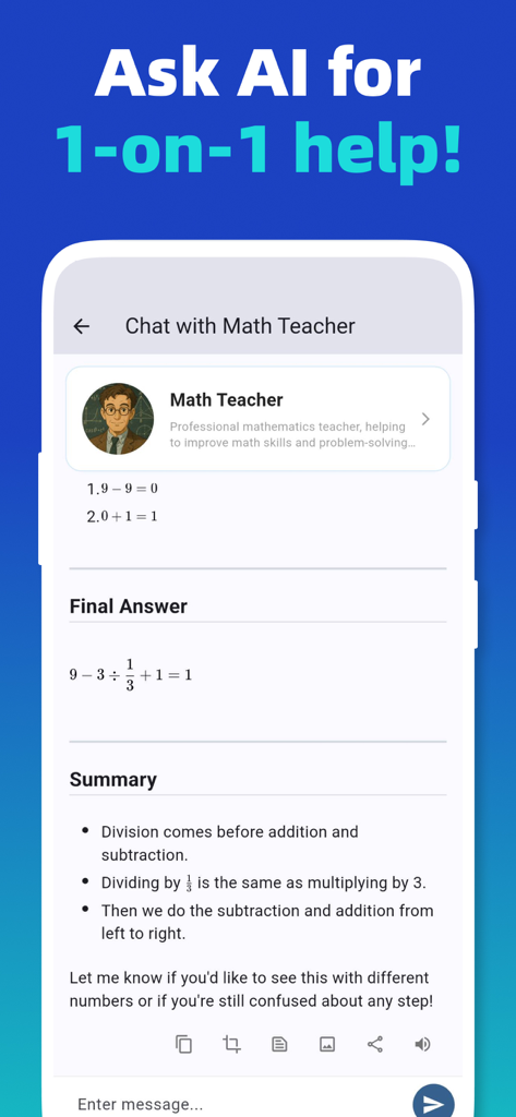 AI homework solver -photo math - AI homework solver app screen showing a chat with a virtual math teacher providing step-by-step help