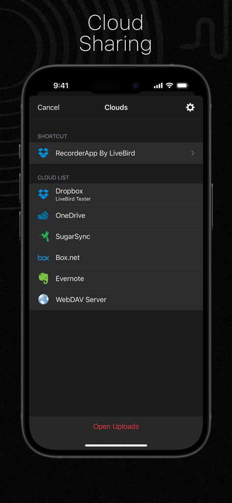 Interface of the Audio Recorder Pro app displaying cloud storage integration options including Dropbox OneDrive and Evernote