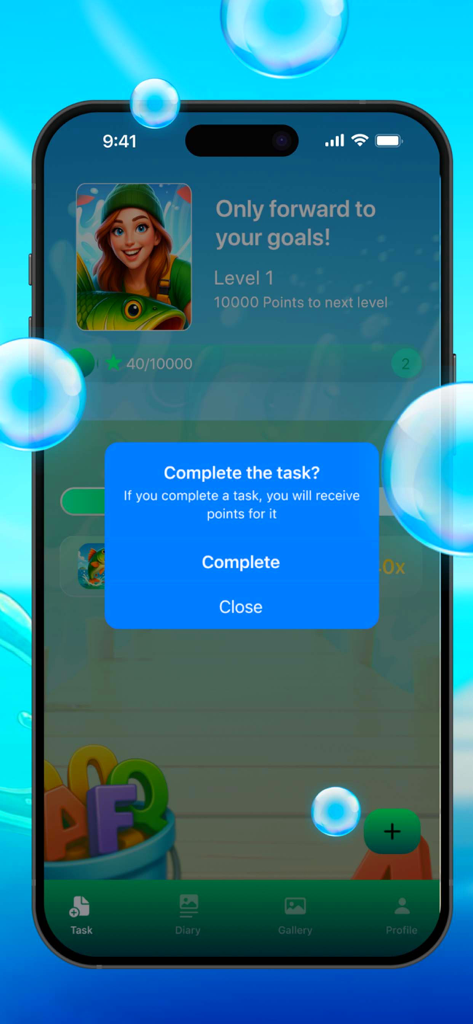 A mobile app screenshot showing a task completion popup and user profile level on a blue aquatic background.