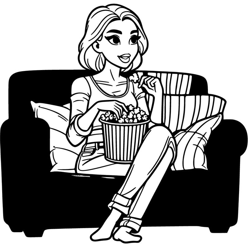 woman with nice body sitting on couch eating popcorn