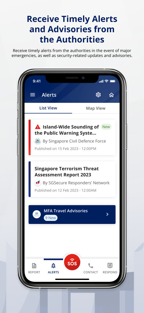 Screenshot of the SGSecure app alerts screen displaying public warning messages and travel advisories