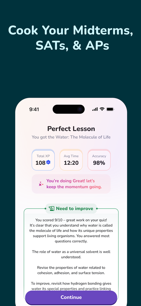 Une capture d'écran de Professor Curious montrant les métriques de performance des quiz et des conseils personnalisés d'amélioration des études pour la biologie.