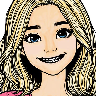 a girl with braces smiling with freckles realistic
