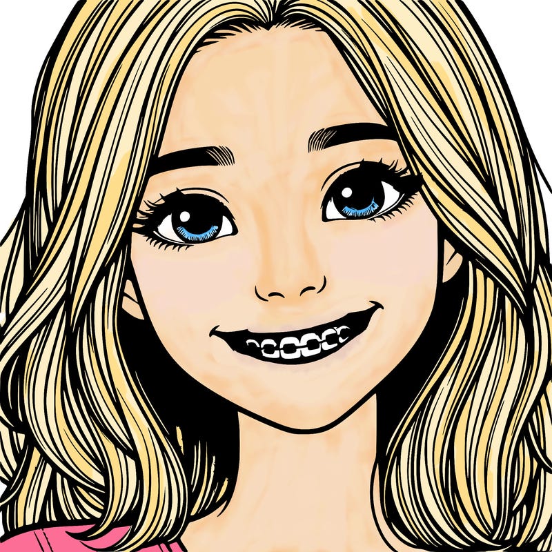 a girl with braces smiling with freckles realistic