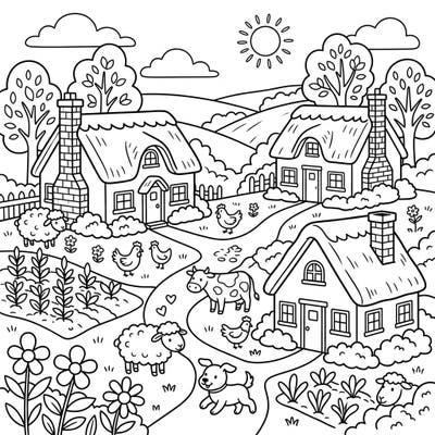 Introduce your toddler to the joys of farm life with this engaging coloring page featuring charming cottages and friendly animals. Designed with thick lines and large spaces, it's perfect for developing early coloring skills.