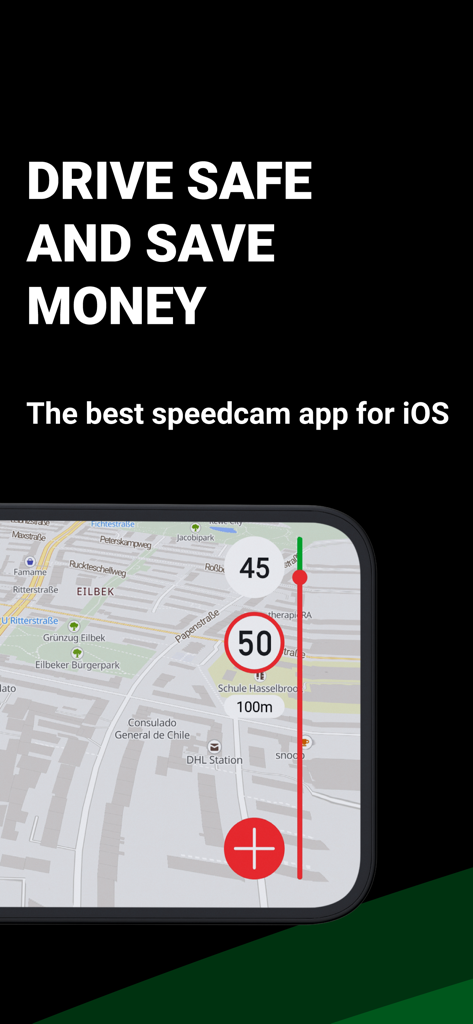 Capture d'écran de l'application Blitzer.de PRO sur iPhone montrant une carte avec des alertes de radar et les indicateurs de vitesse actuelle.
