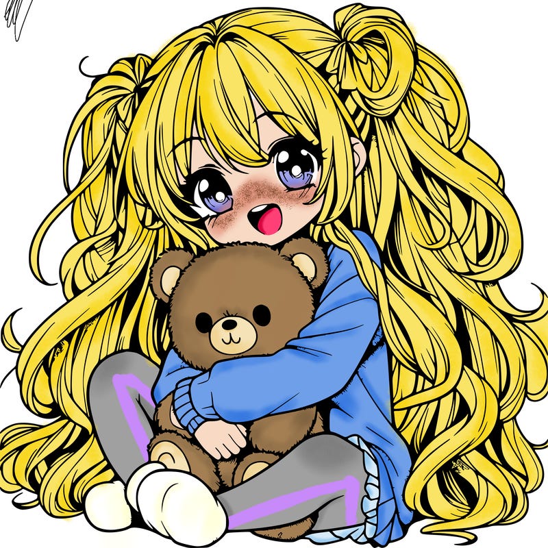 manga girl, long curly hair, happy, cuddling a teddy bear