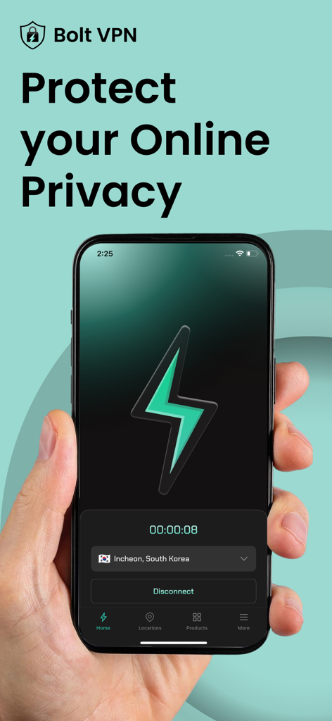 Bolt VPN: Super Fast & Private - Hand holding an iPhone showing the Bolt VPN app interface with the heading Protect your Online Privacy
