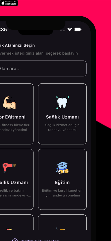 Takvim -  Randevu Takip - A mobile app screen displaying business category selection for appointment scheduling including health education and fitness options