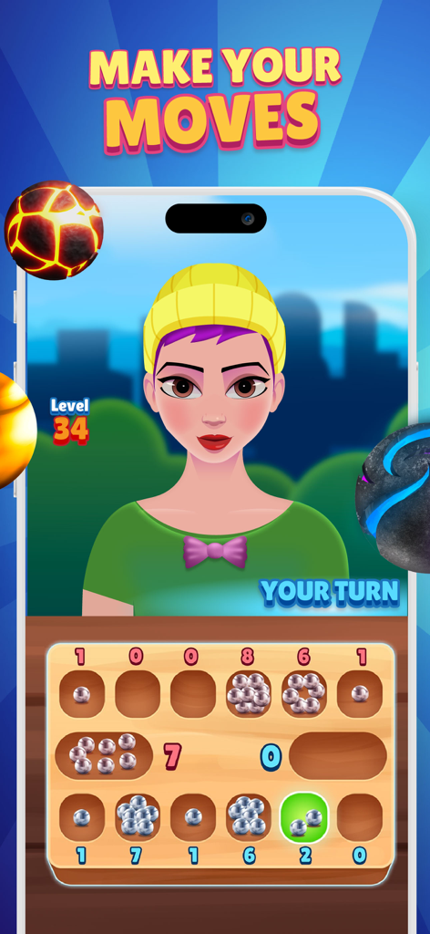 Mancala Adventures Brettspiel-Bildschirm, der einen weiblichen Charakter-Avatar und ein Strategiebrett mit Murmeln zeigt.