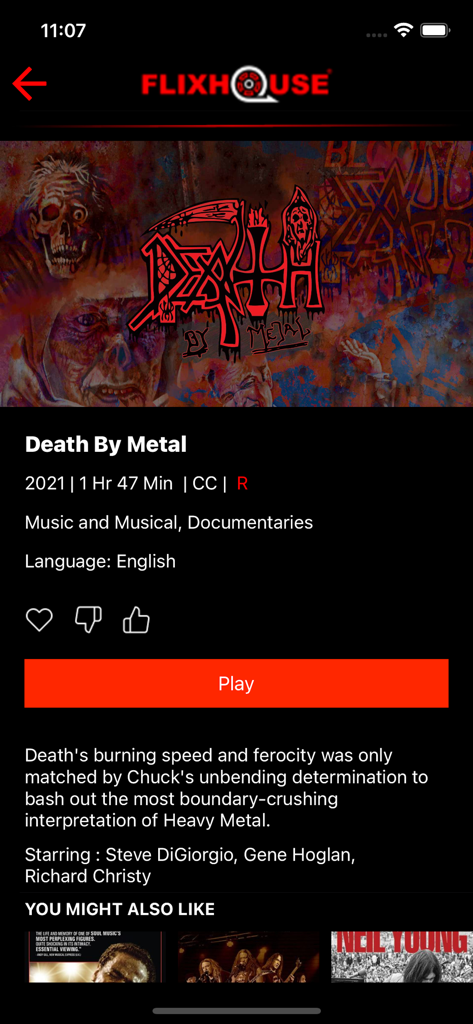 FlixHouse - FlixHouse app movie detail page for the Death By Metal documentary