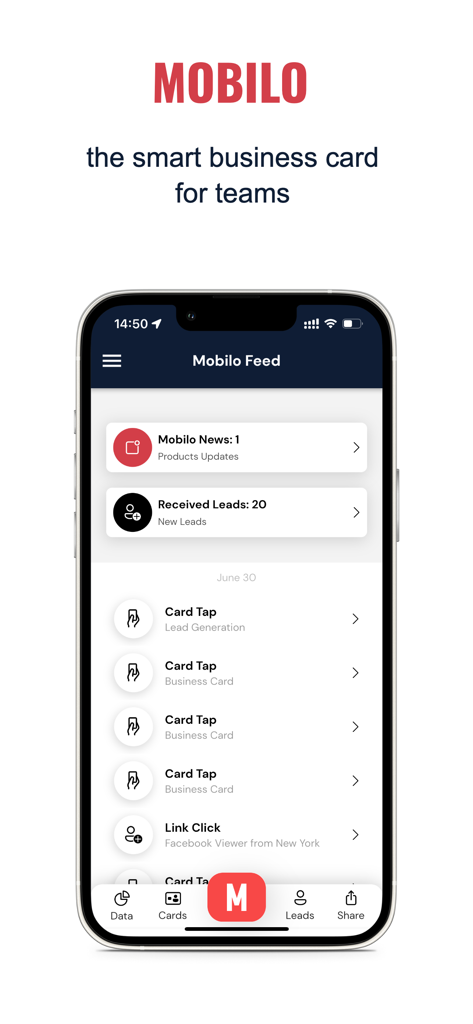 The Mobilo Card app interface displaying the professional networking feed and lead tracking
