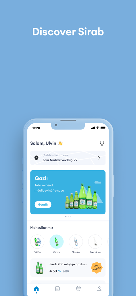 Home screen of the Sirab Su mobile app showing water delivery options and categories