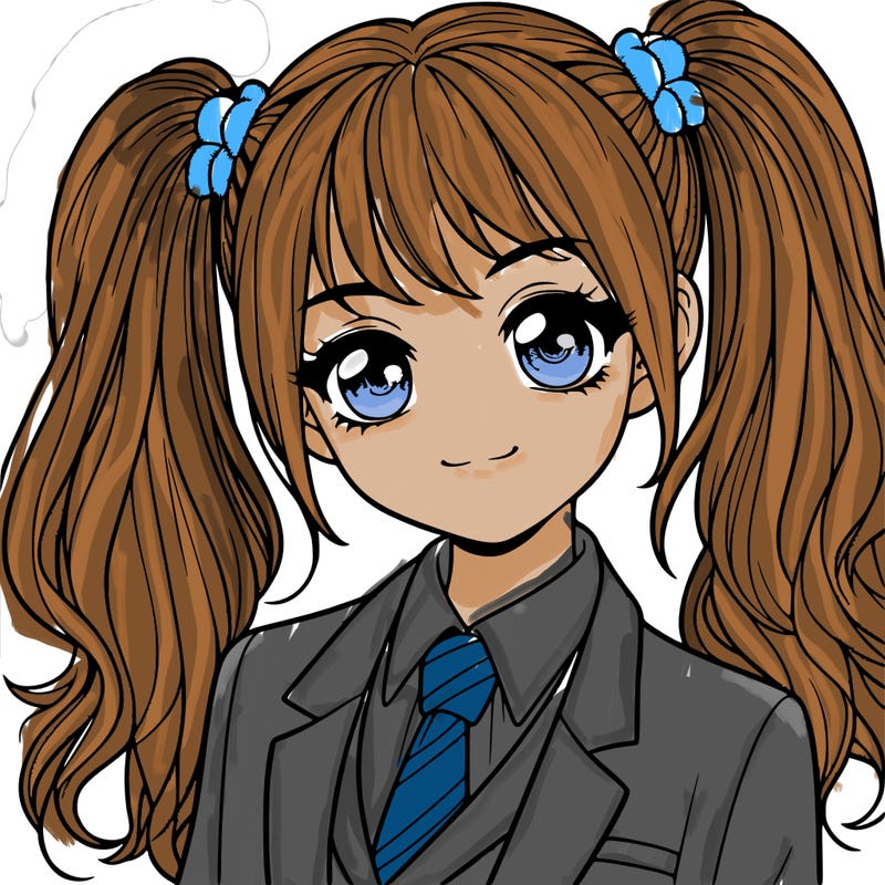 realistic girl with two ponytails and a suit on