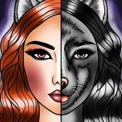 split face realistic woman and wolf