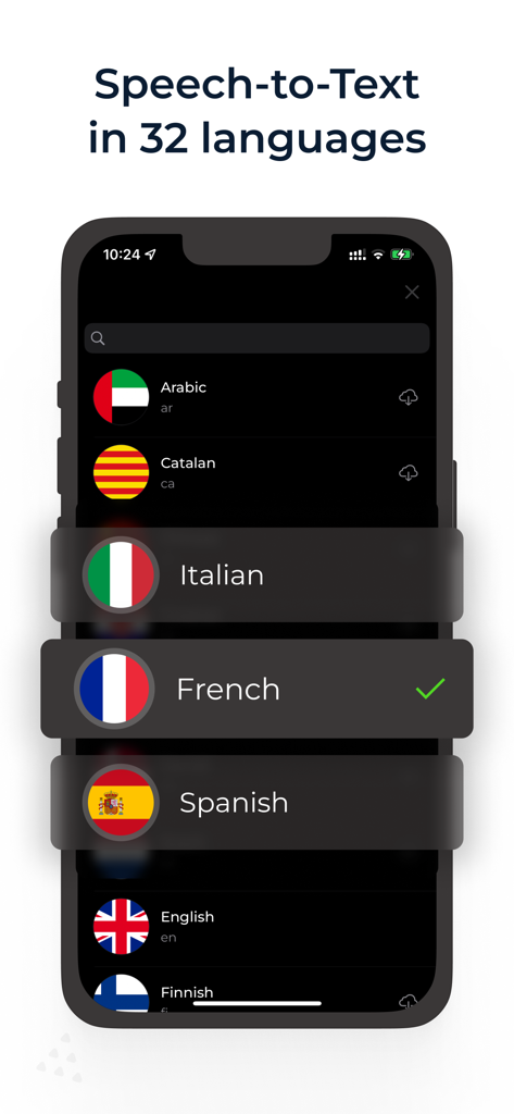 Translate Duo Live Translator - Language selection screen in Translate Duo app showing 32 supported languages for speech to text