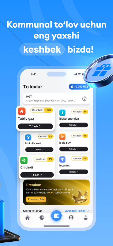 HGT - kommunal ilova - HGT mobile app dashboard showing utility bill payment options for gas, electricity, and water with cashback rewards.