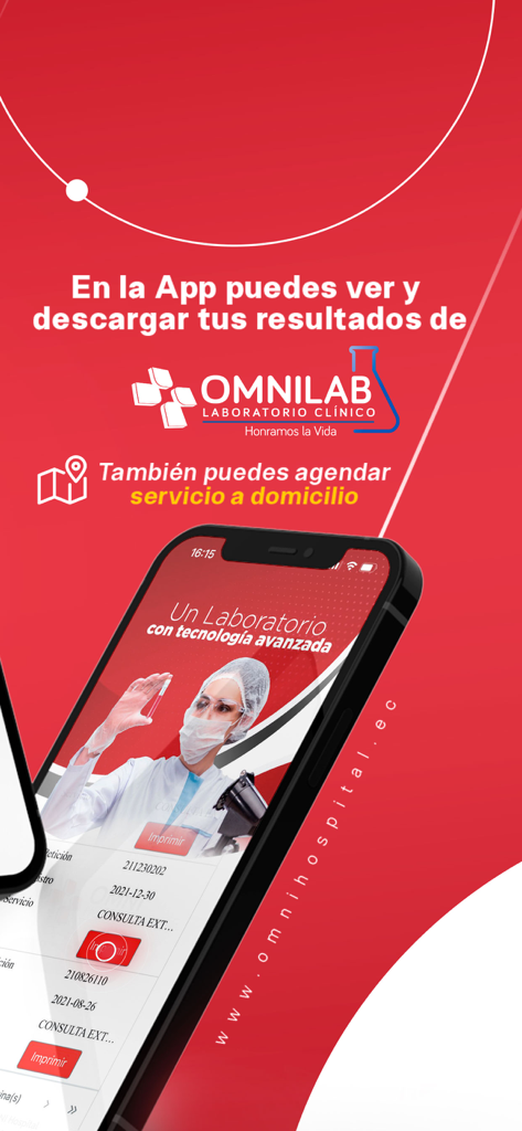 Omni Hospital - Omni Hospital mobile app screen showing clinical lab results and home medical service options in Spanish