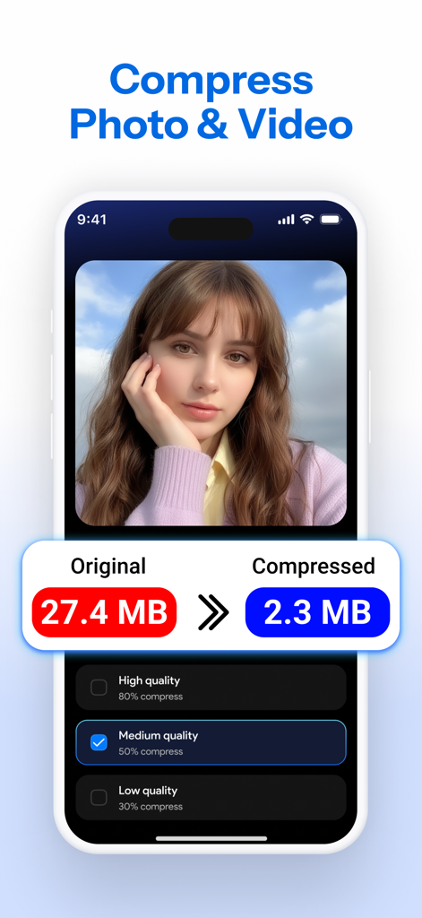 SmartClean AI: Storage Cleaner - SmartClean AI app interface showing a photo being compressed from 27MB to 2MB to save storage