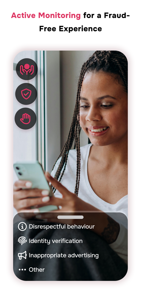 A woman using the Muslimeet app highlighting active monitoring and identity verification for a safe halal dating experience.