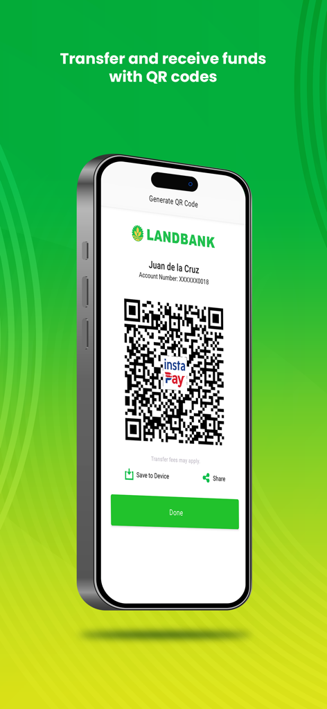 Pantalla de la aplicación LANDBANK que muestra un código QR generado para la transferencia de fondos de InstaPay.