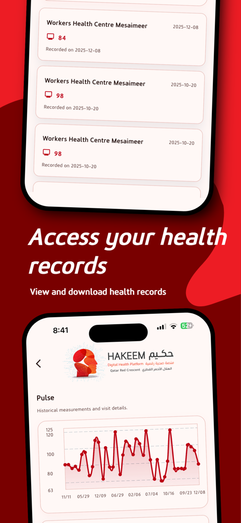 Interface do aplicativo móvel exibindo registros de saúde e um gráfico de medição de pulso.