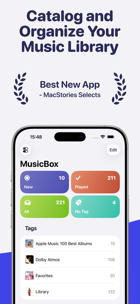 MusicBox: Catalog and Organize - Interfaz de la aplicación MusicBox para iPhone que muestra categorías de catalogación y organización de música