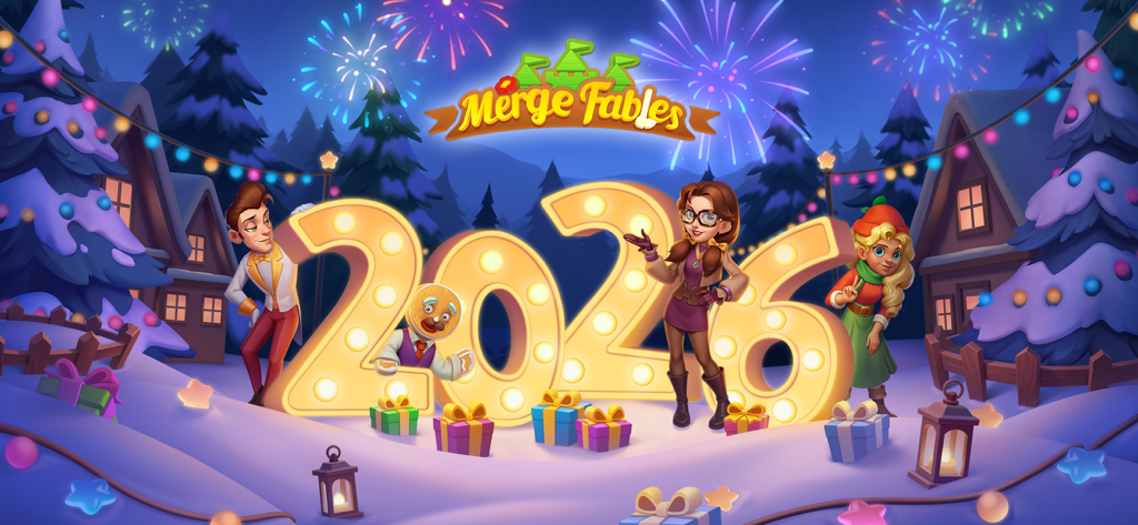 Merge Fables® - Merge Fablesゲームのキャラクターが、雪景色の中で花火とギフトでお祝いする新年の2026年