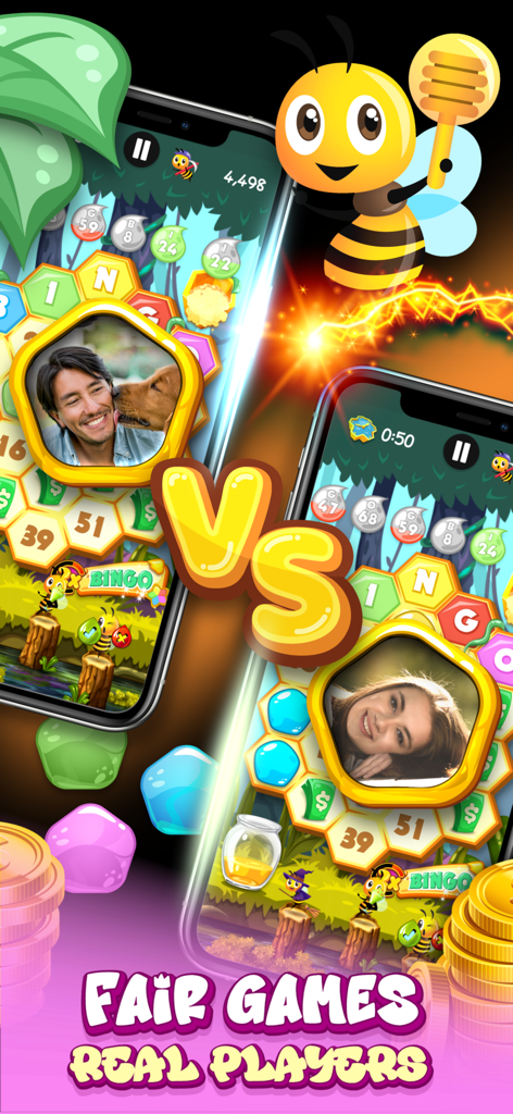 Bingo Honey: Win Real Prizes - Dos jugadores compitiendo en una partida de Bingo Honey basada en habilidad con un ícono VS y una mascota de abeja