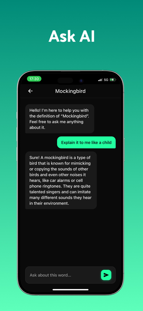 Book Quote Scanner app Ask AI interface explaining a vocabulary word definition