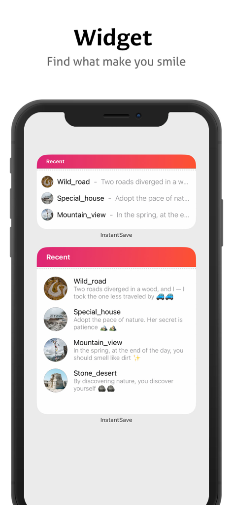 Instant Save app widget displaying recent social media posts on an iPhone home screen.