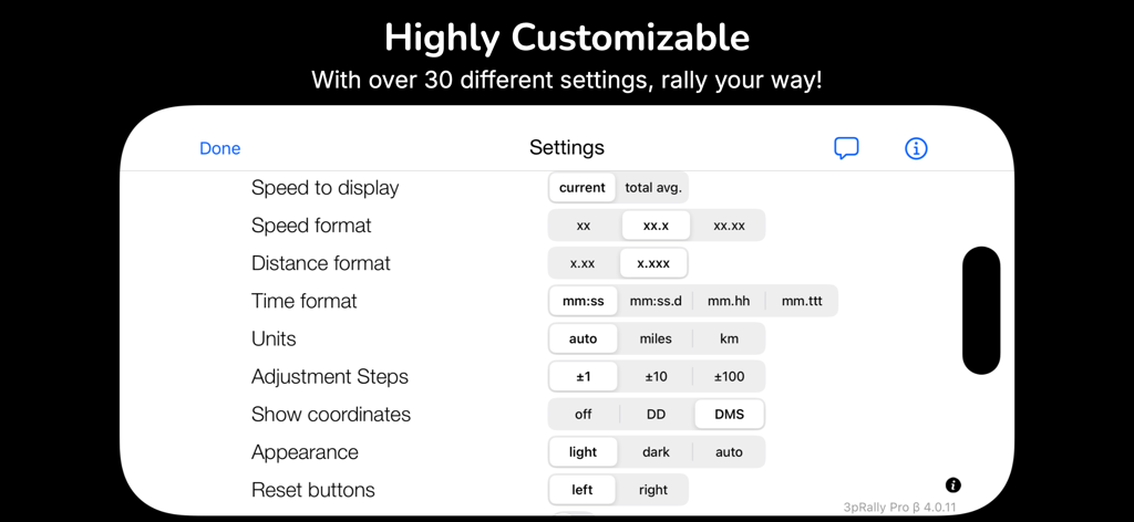 3pRally - TSD Rally - Customization settings screen of the 3pRally app showing options for speed distance and time formats