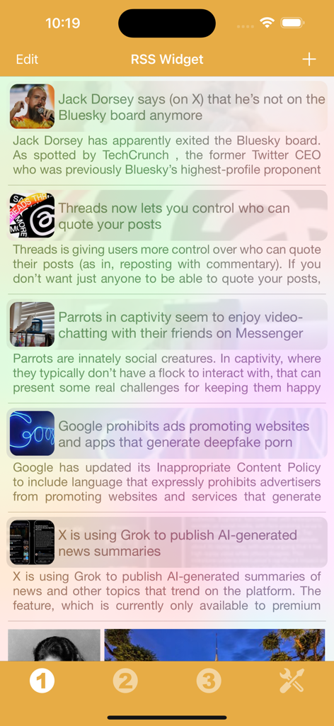 RSS Widget - Pantalla de la aplicación RSS Widget que muestra una lista desplazable de titulares y resúmenes de noticias recientes