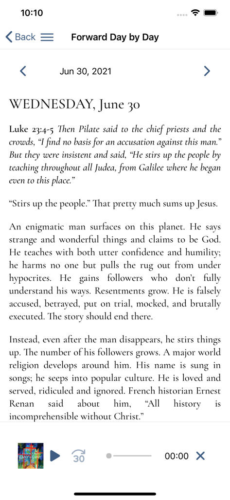 Forward Day by Day - Mobile screen showing a daily reflection from the Forward Day by Day app with an audio player