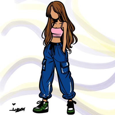 girl in baggy pants crop top and long hair